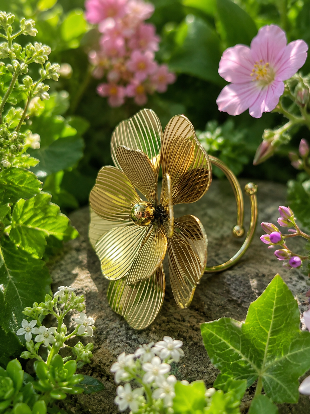 Bague acier inoxydable fleur striée dorée taille unique