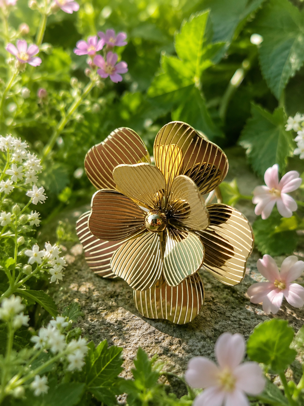 Bague acier inoxydable fleur striée dorée taille unique