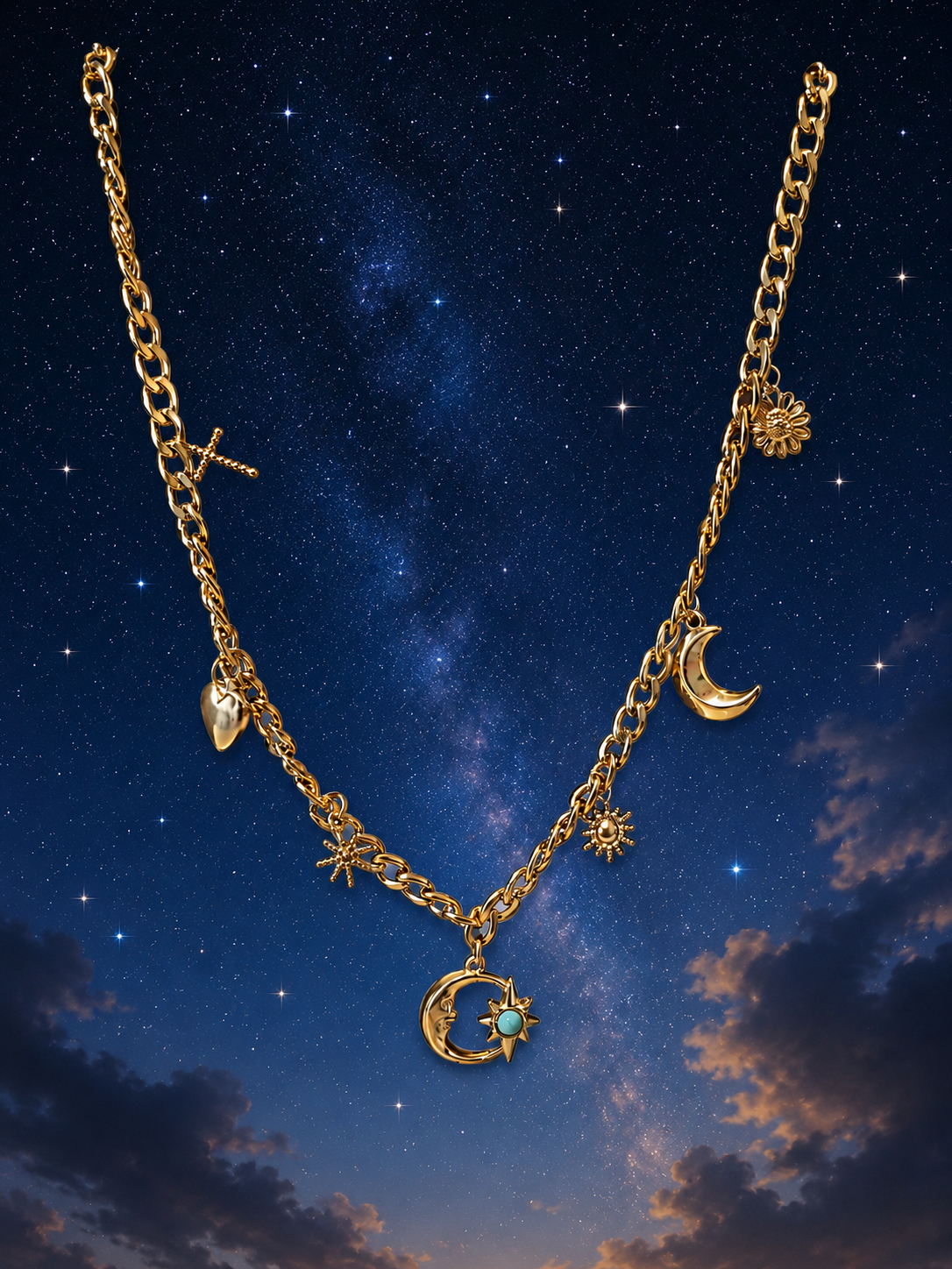 Collana acciaio inossidabile dorato ciondolo sole luna croce cuore