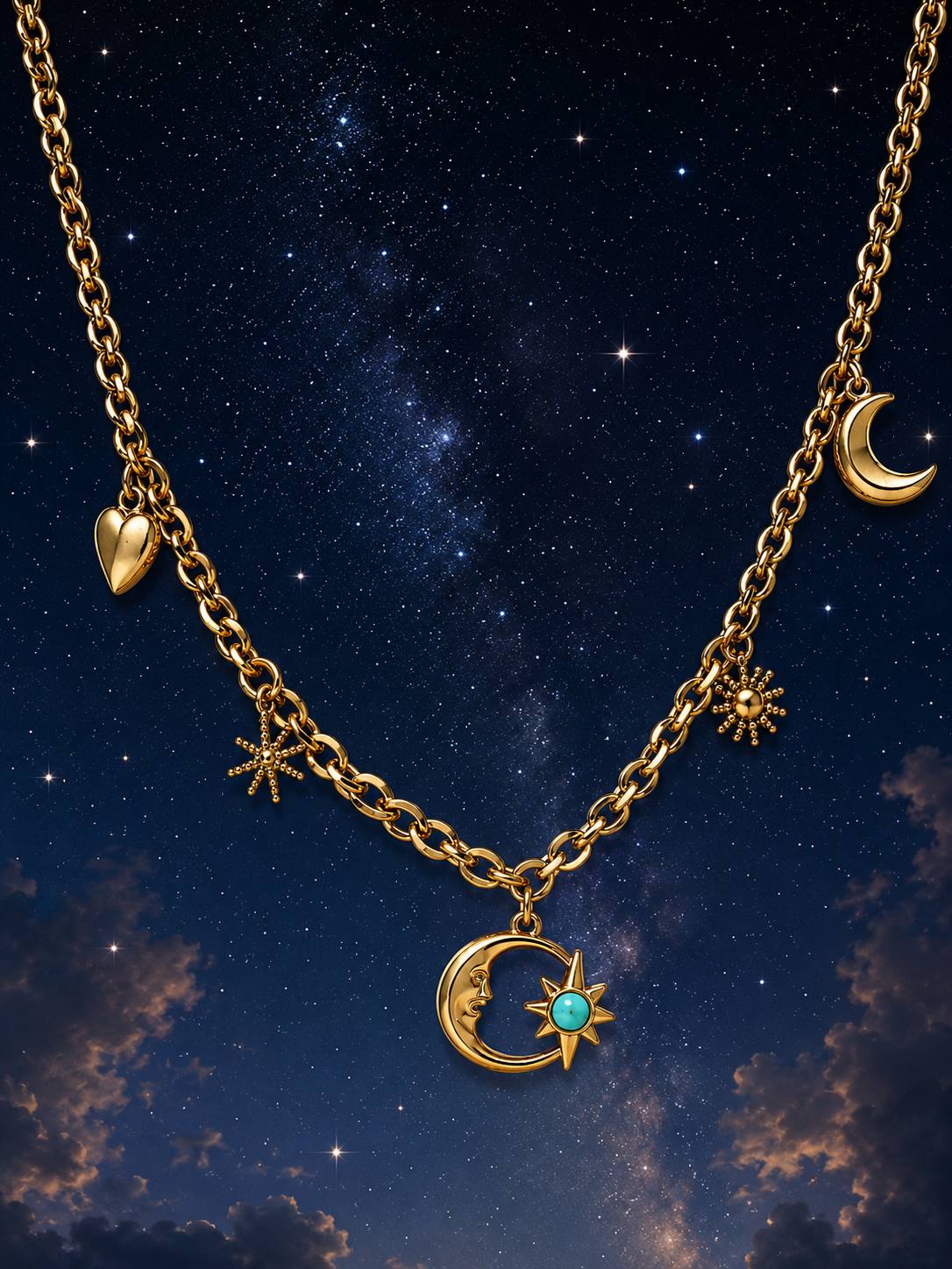 Collana acciaio inossidabile dorato ciondolo sole luna croce cuore