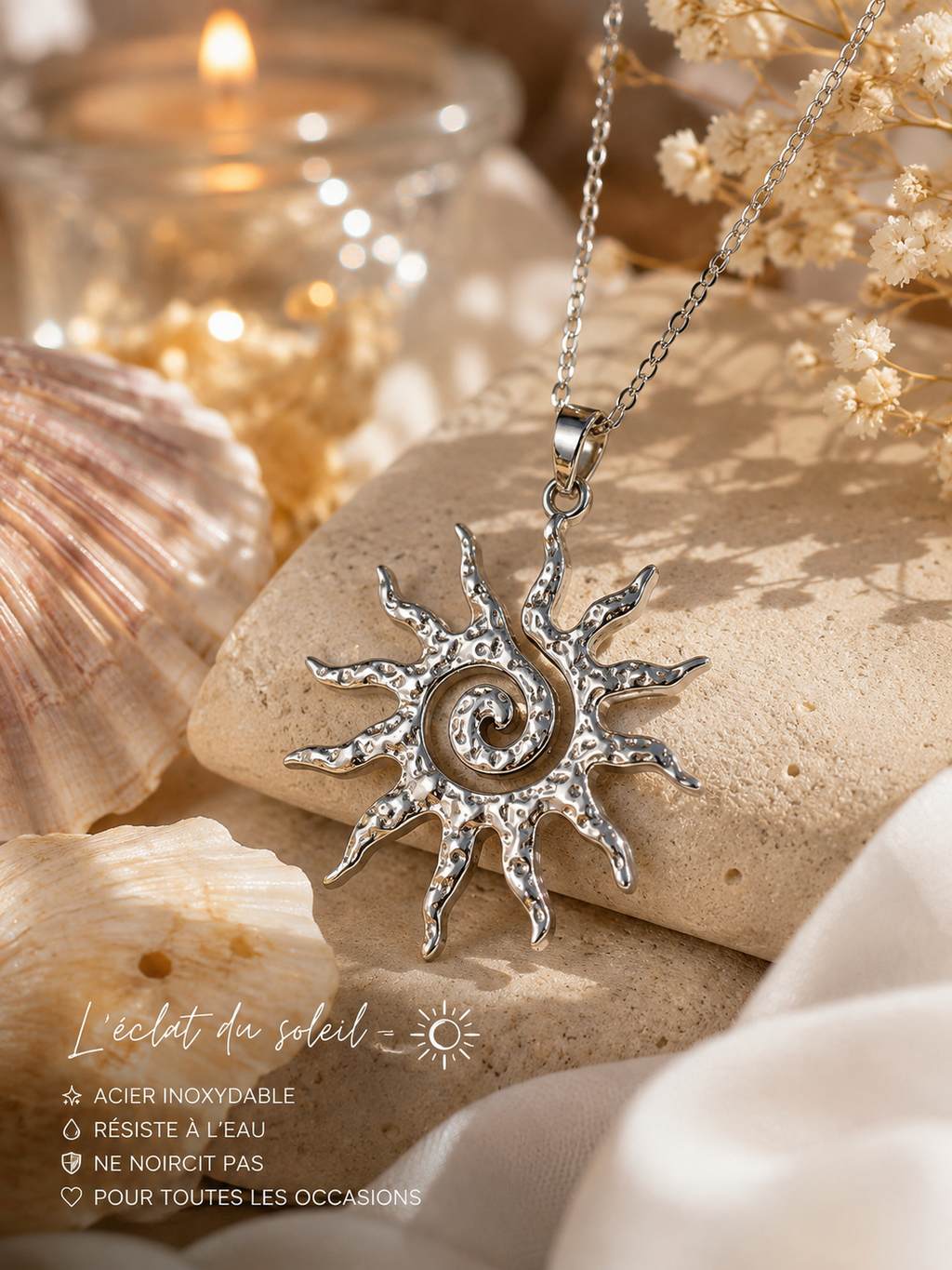 Collana lunga con pendente a forma di sole in acciaio inossidabile color argento