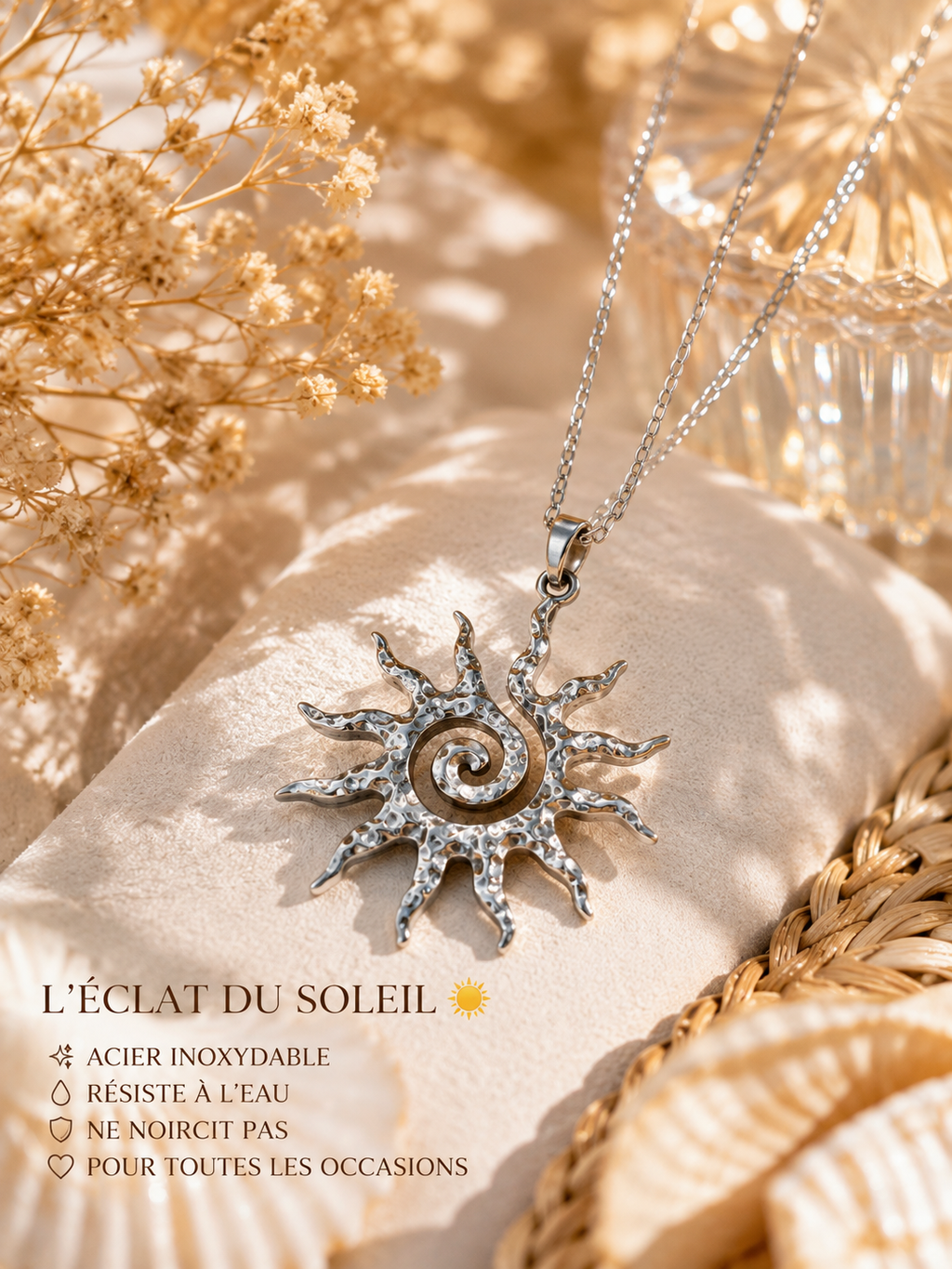 Collana lunga con pendente a forma di sole in acciaio inossidabile color argento
