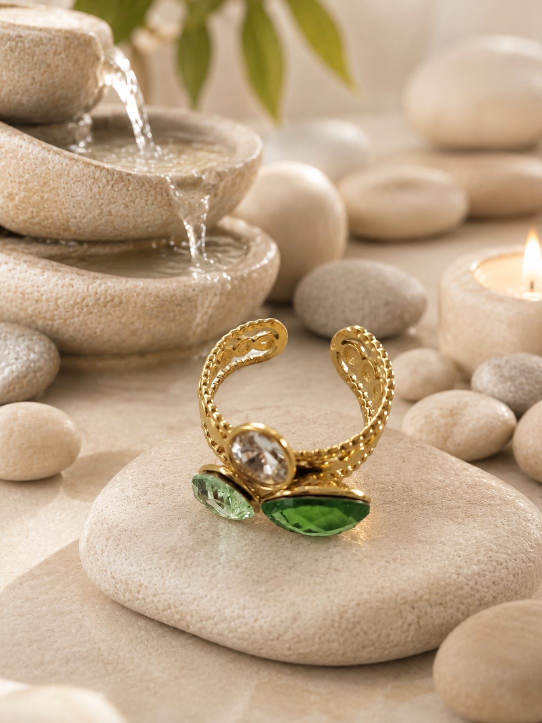 Bague Ajustable en Acier Inoxydable avec Cristal Vert Clair