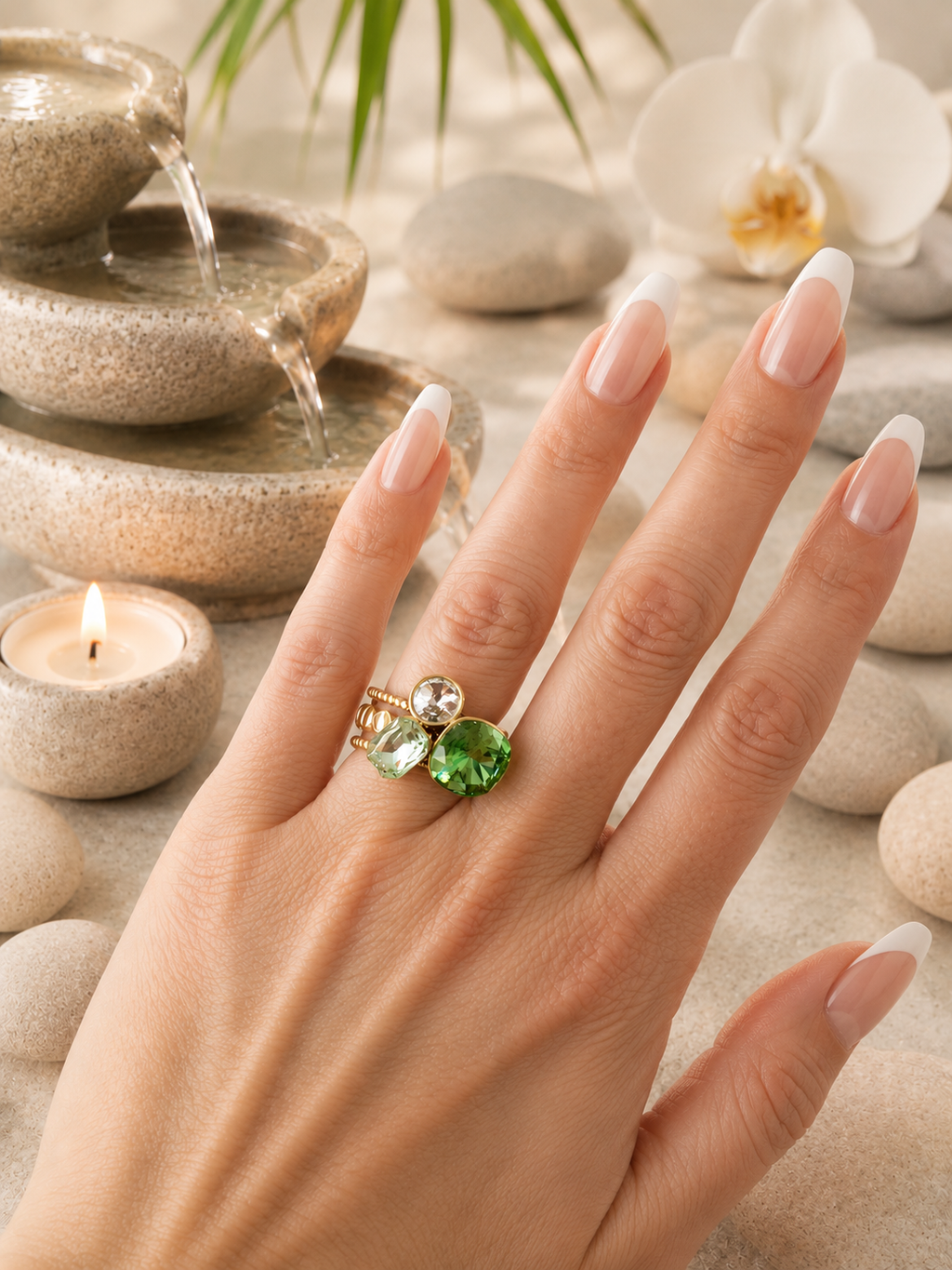 Bague Ajustable en Acier Inoxydable avec Cristal Vert Clair
