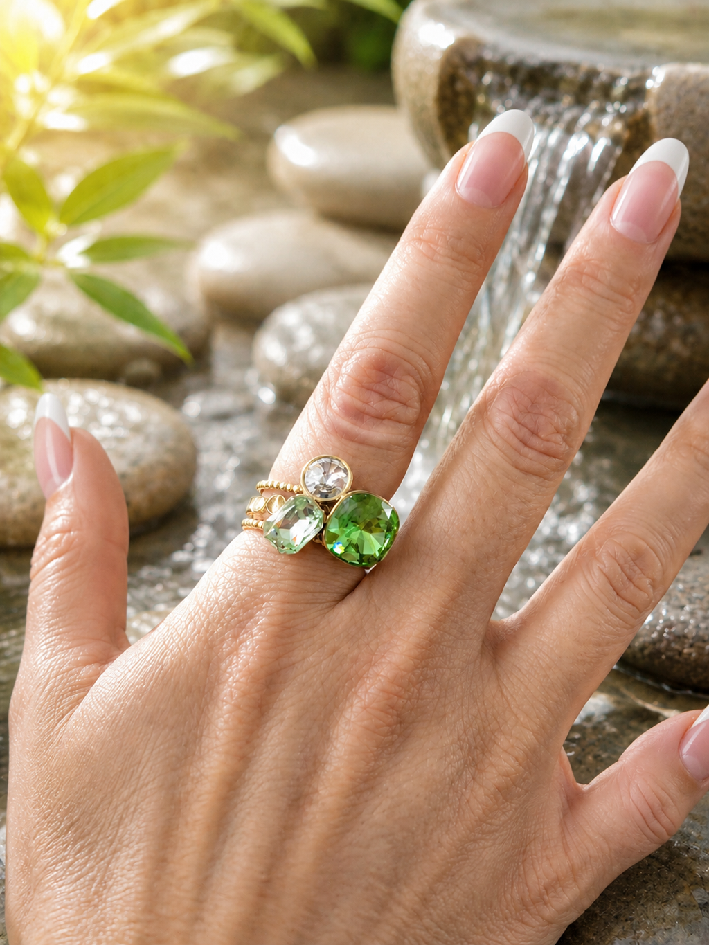 Bague Ajustable en Acier Inoxydable avec Cristal Vert Clair