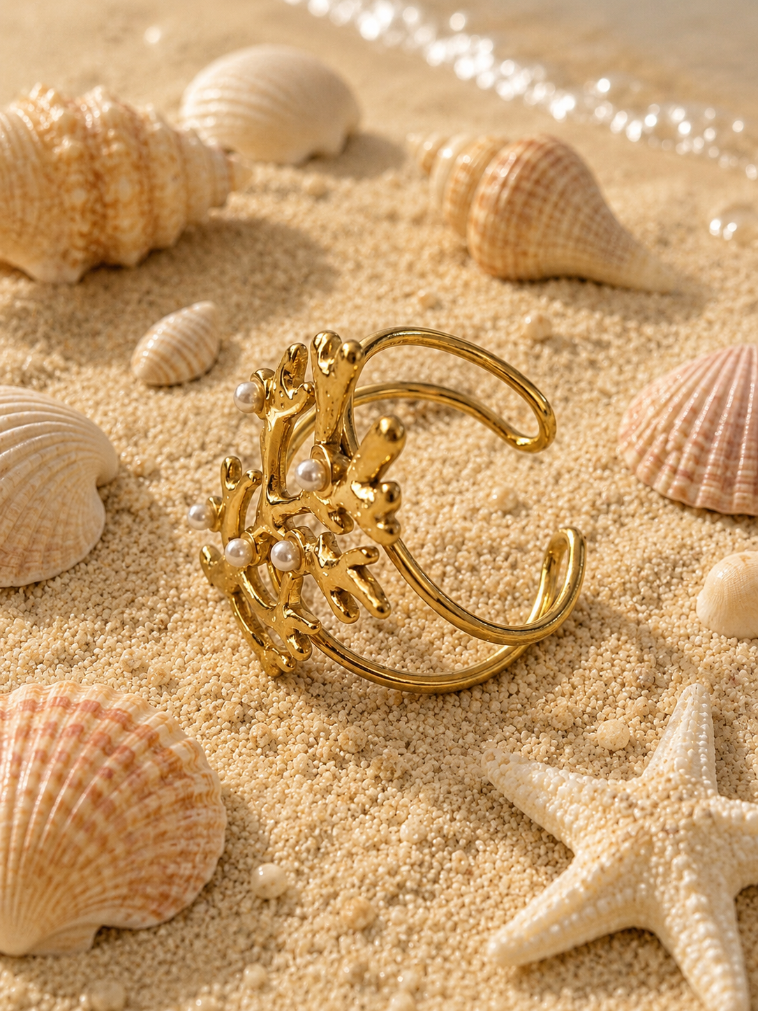 Bague ajustable corail sculpté et perles délicates doré