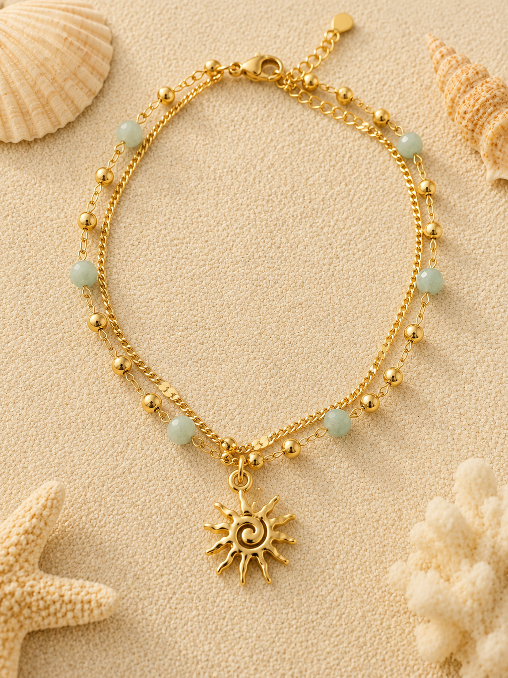 Chaîne de cheville double rang dorée en acier inoxydable – Soleil & perles bleues ajustable