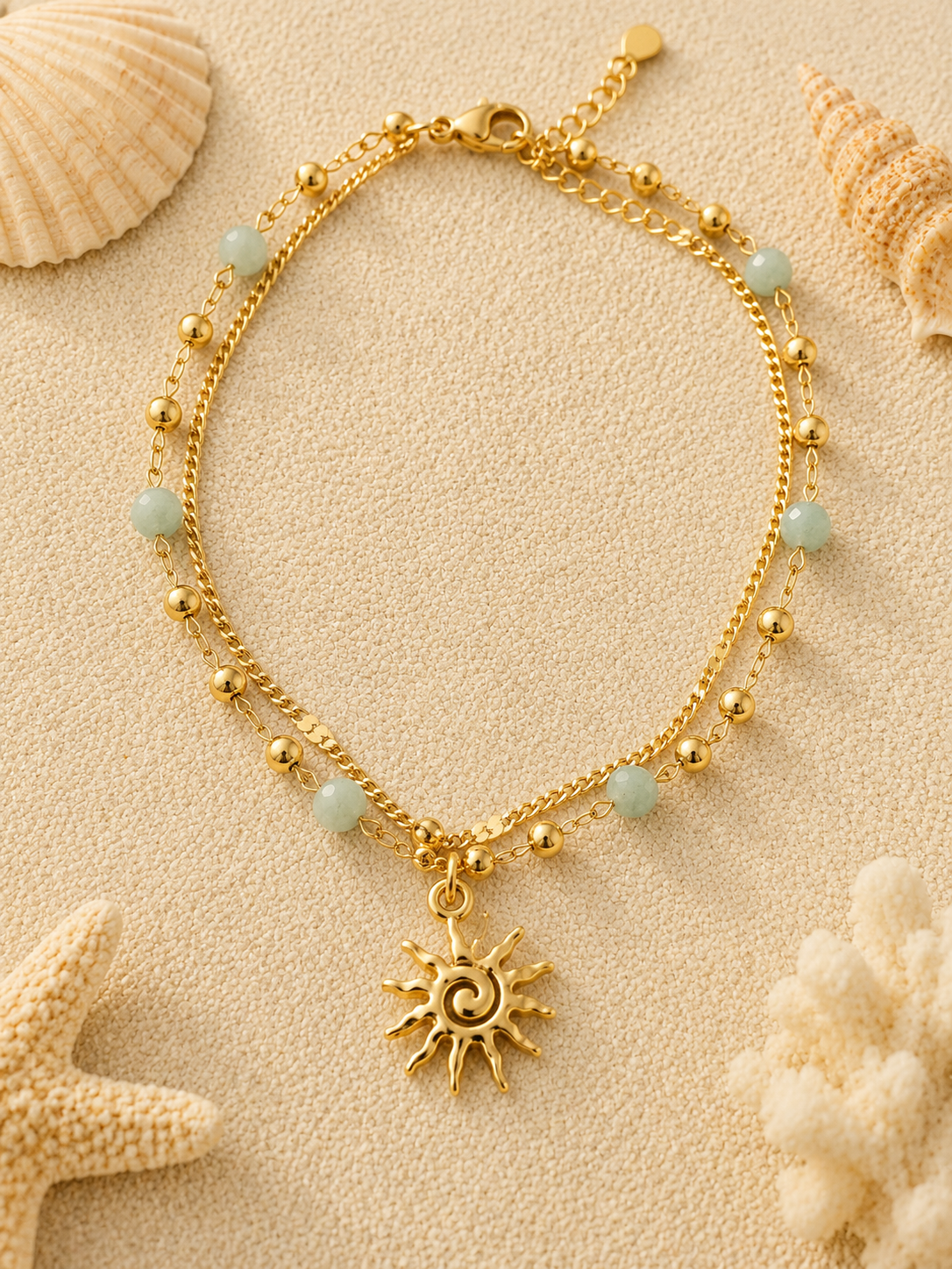 Chaîne de cheville double rang dorée en acier inoxydable – Soleil & perles bleues ajustable