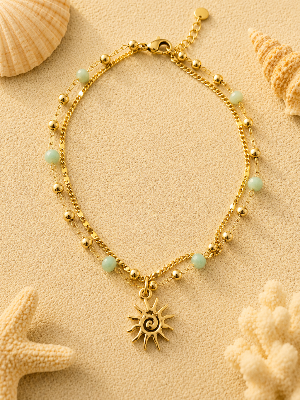 Chaîne de cheville double rang dorée en acier inoxydable – Soleil & perles bleues ajustable