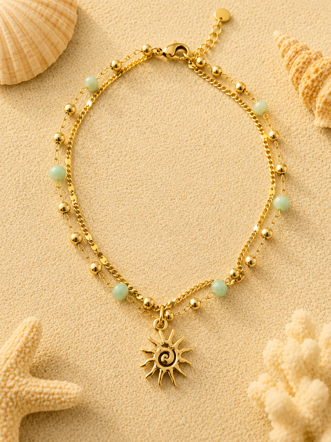 Chaîne de cheville double rang dorée en acier inoxydable – Soleil & perles bleues ajustable