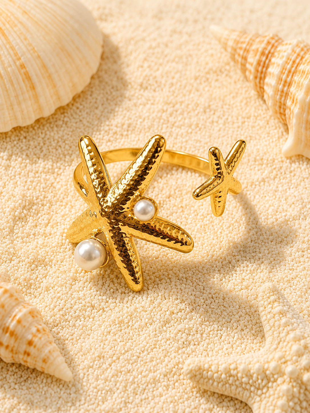 Bague dorée ouverte à l'avant à 2 étoiles de mer avec perles