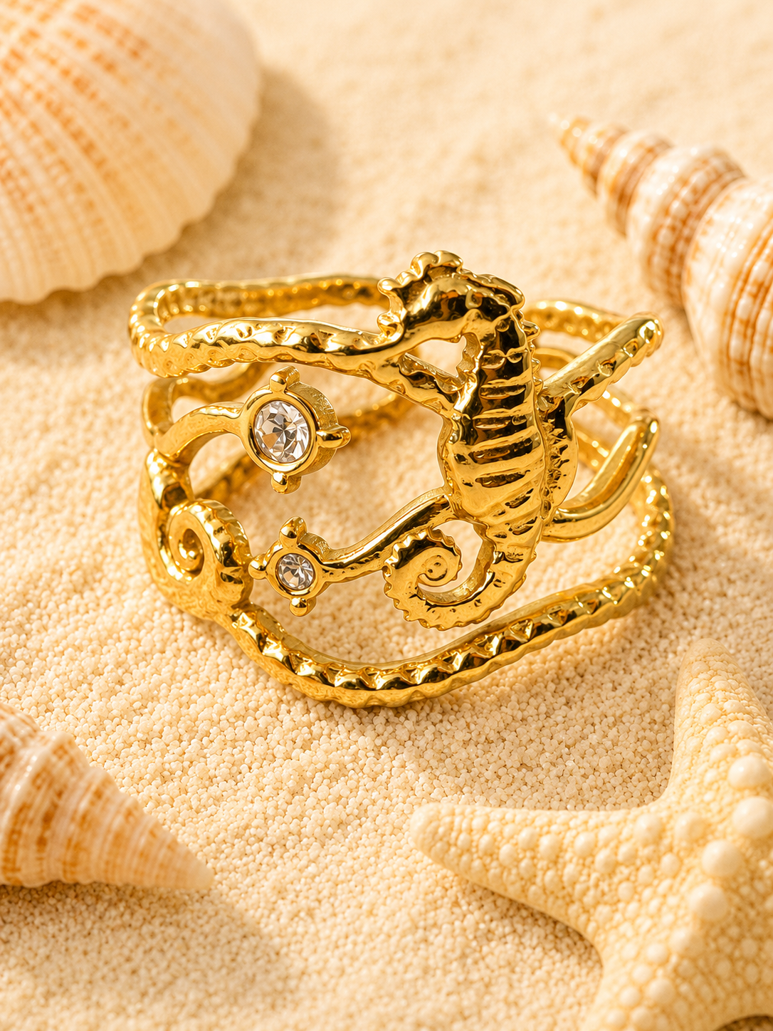 Bague ajustable hippocampe et étoiles marines doré