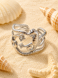 Bague ajustable hippocampe et étoiles marines argenté