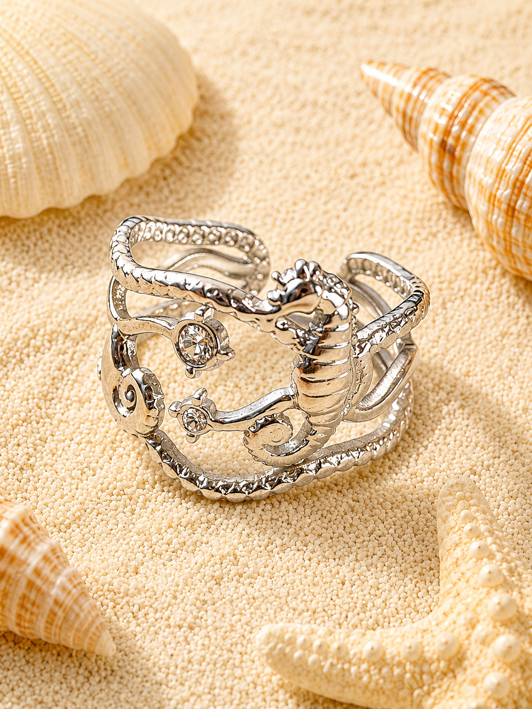 Bague ajustable hippocampe et étoiles marines argenté