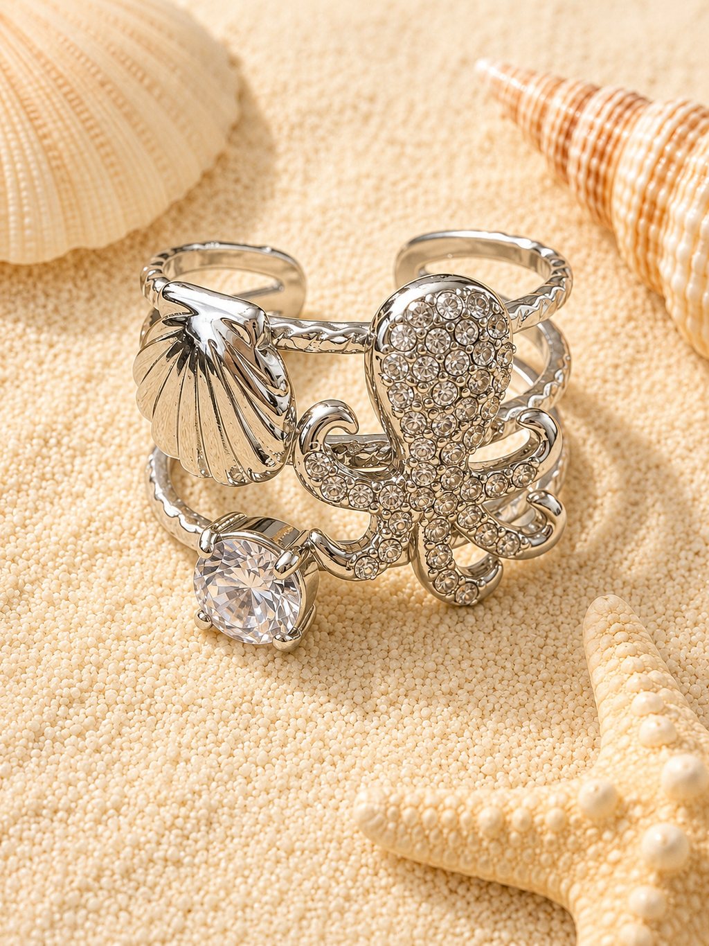 Bague ajustable poulpe strassé et coquillage argenté