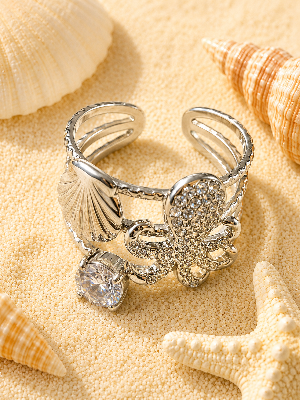 Bague ajustable poulpe strassé et coquillage argenté