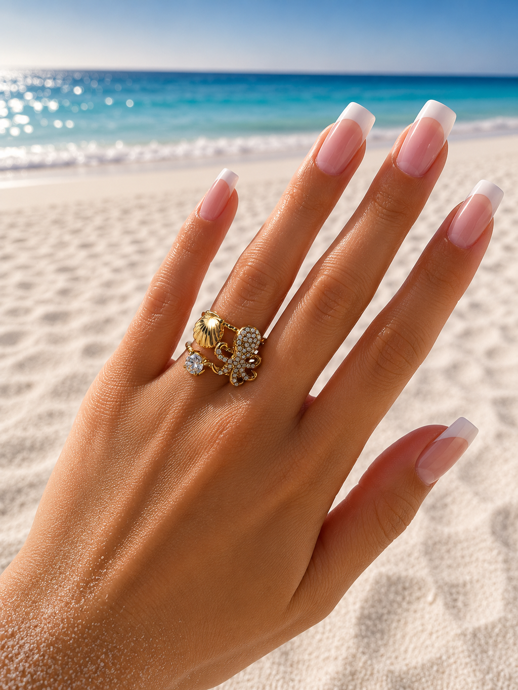Bague ajustable poulpe strassé et coquillage doré