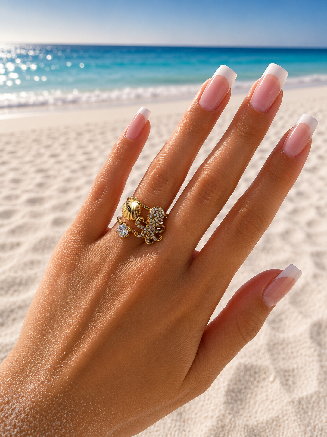 Bague ajustable poulpe strassé et coquillage doré