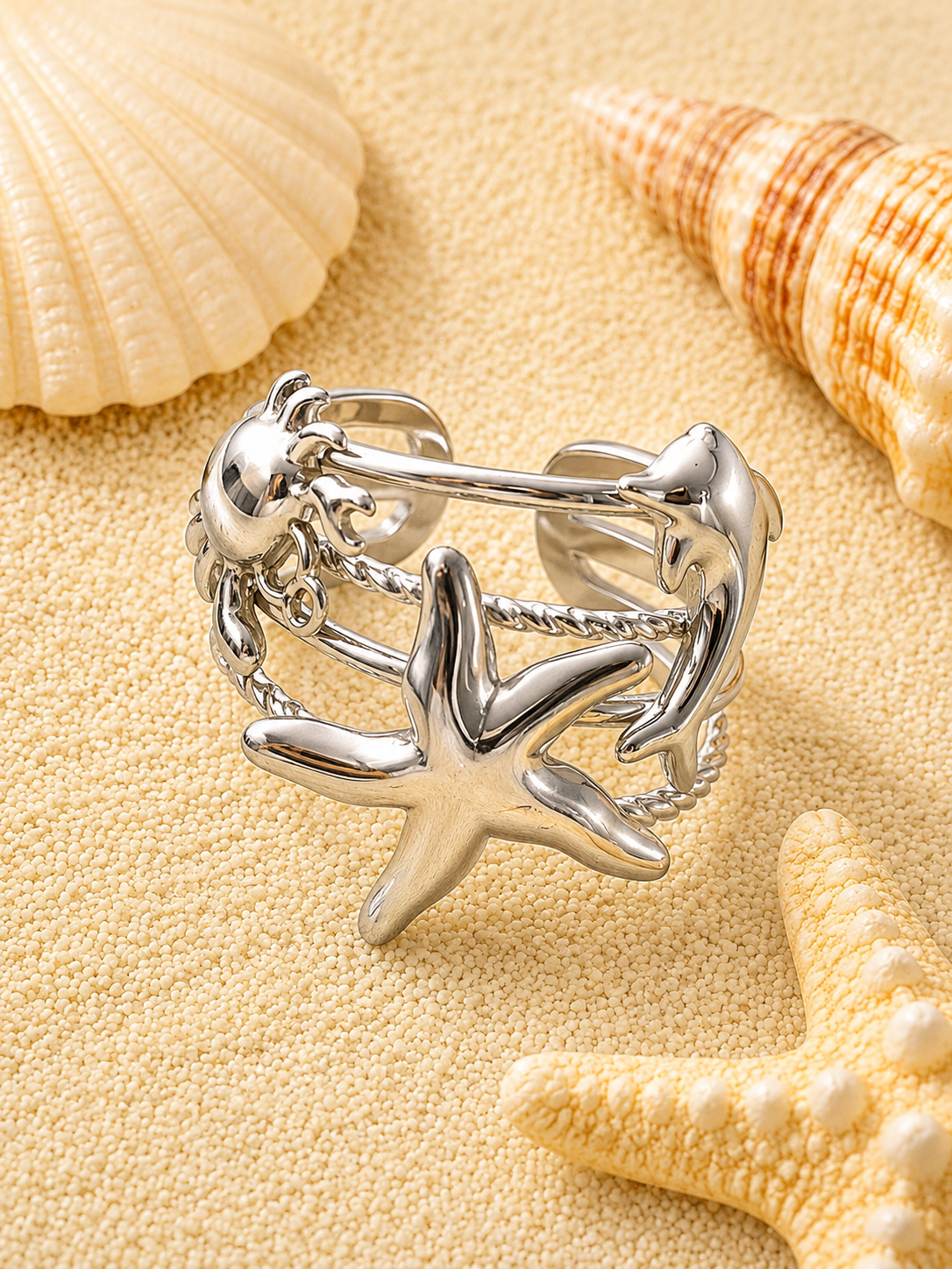 Bague ouverte étoile de mer et animaux marins argenté