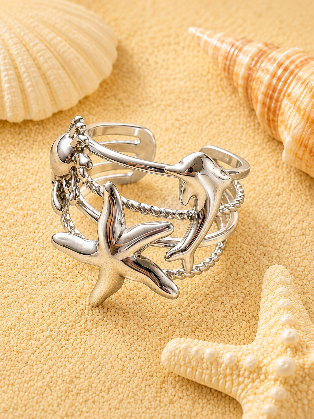 Bague ouverte étoile de mer et animaux marins argenté