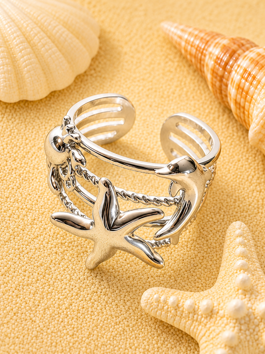 Bague ouverte étoile de mer et animaux marins argenté