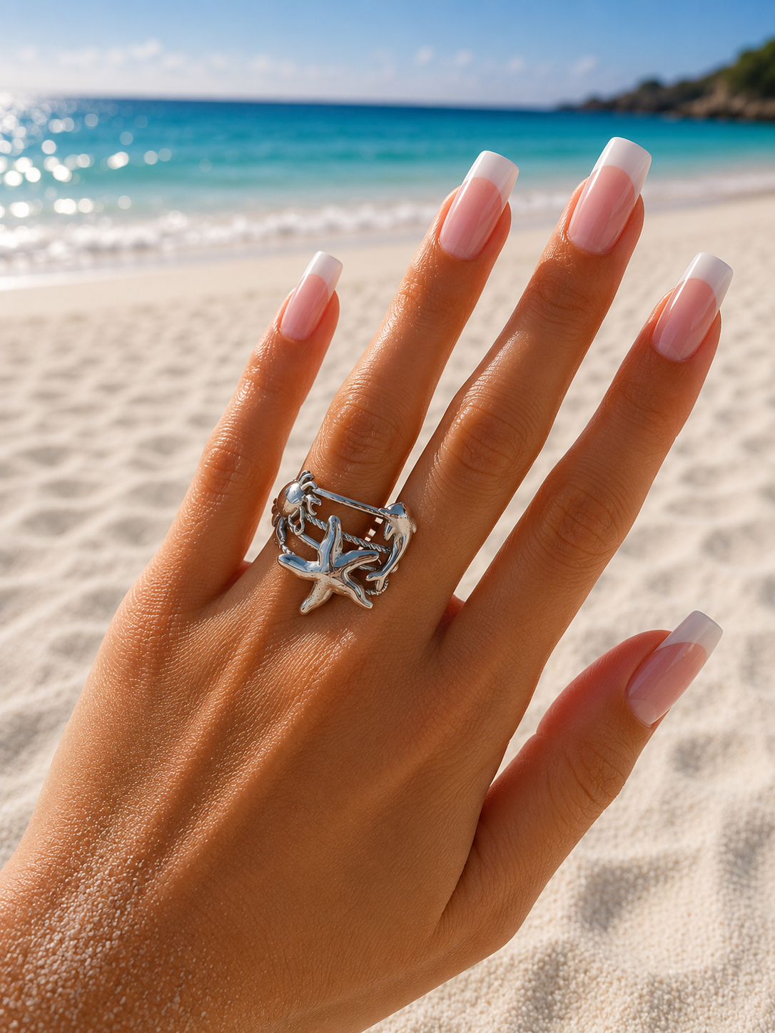 Bague ouverte étoile de mer et animaux marins argenté