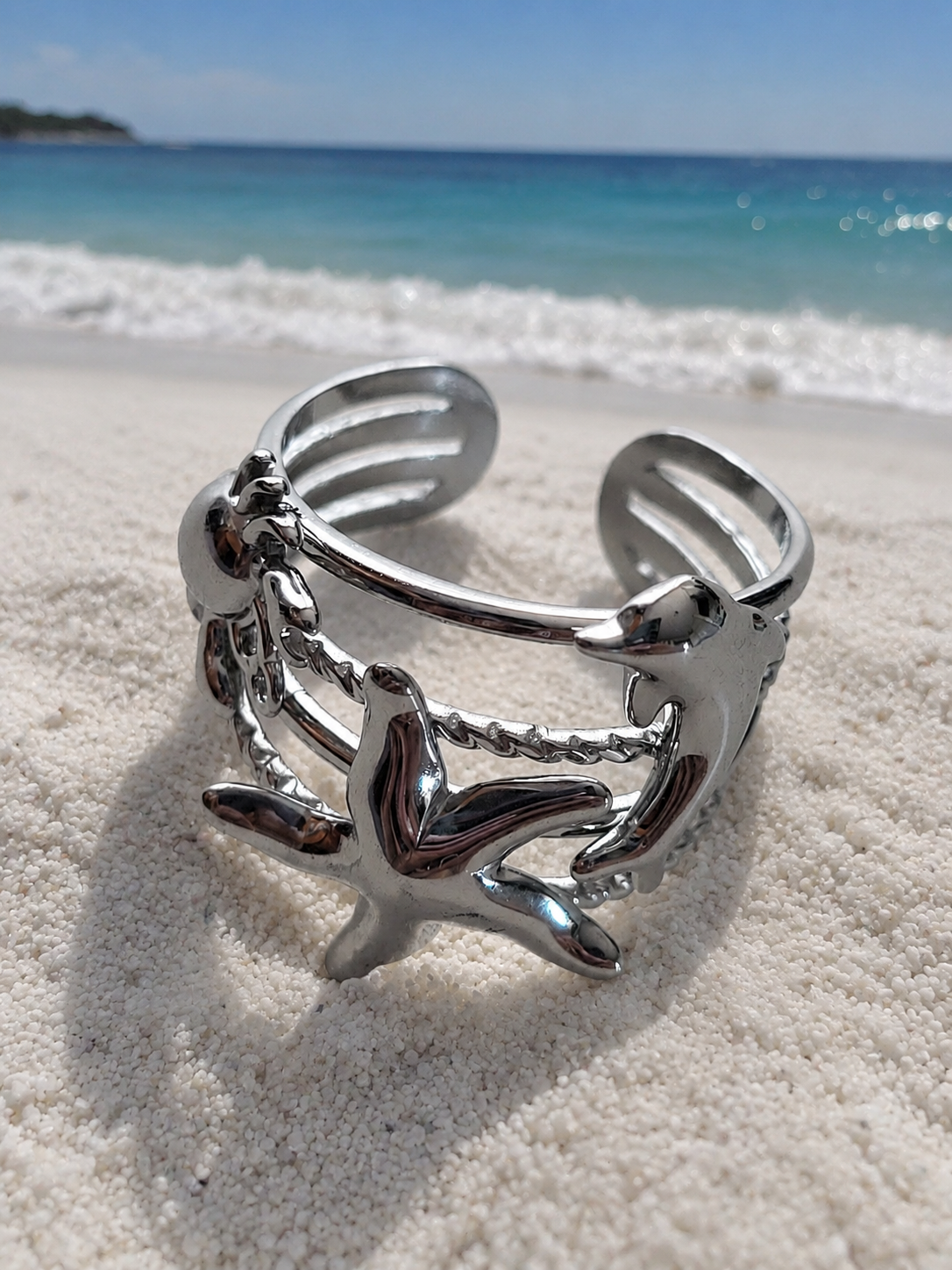 Bague ouverte étoile de mer et animaux marins argenté