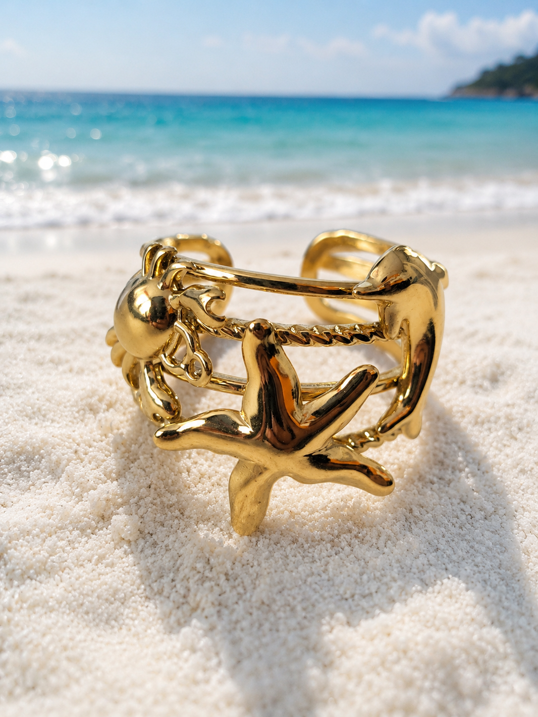 Bague ouverte étoile de mer et animaux marins doré