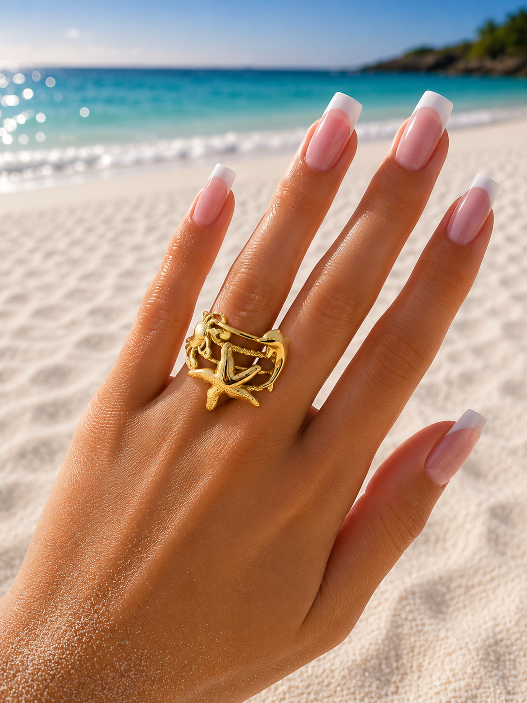 Bague ouverte étoile de mer et animaux marins doré
