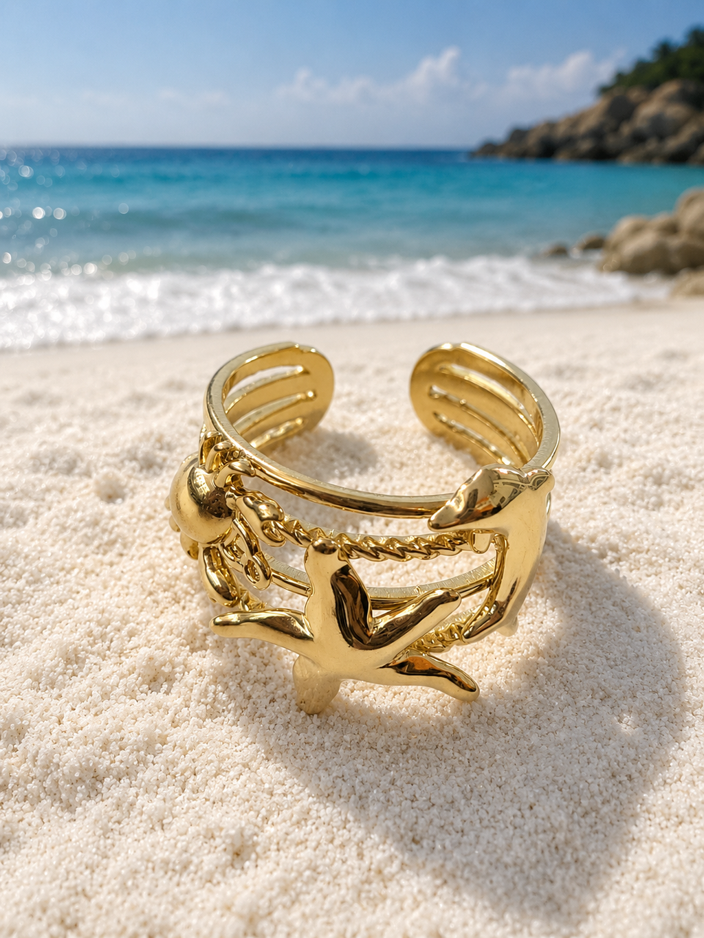 Bague ouverte étoile de mer et animaux marins doré