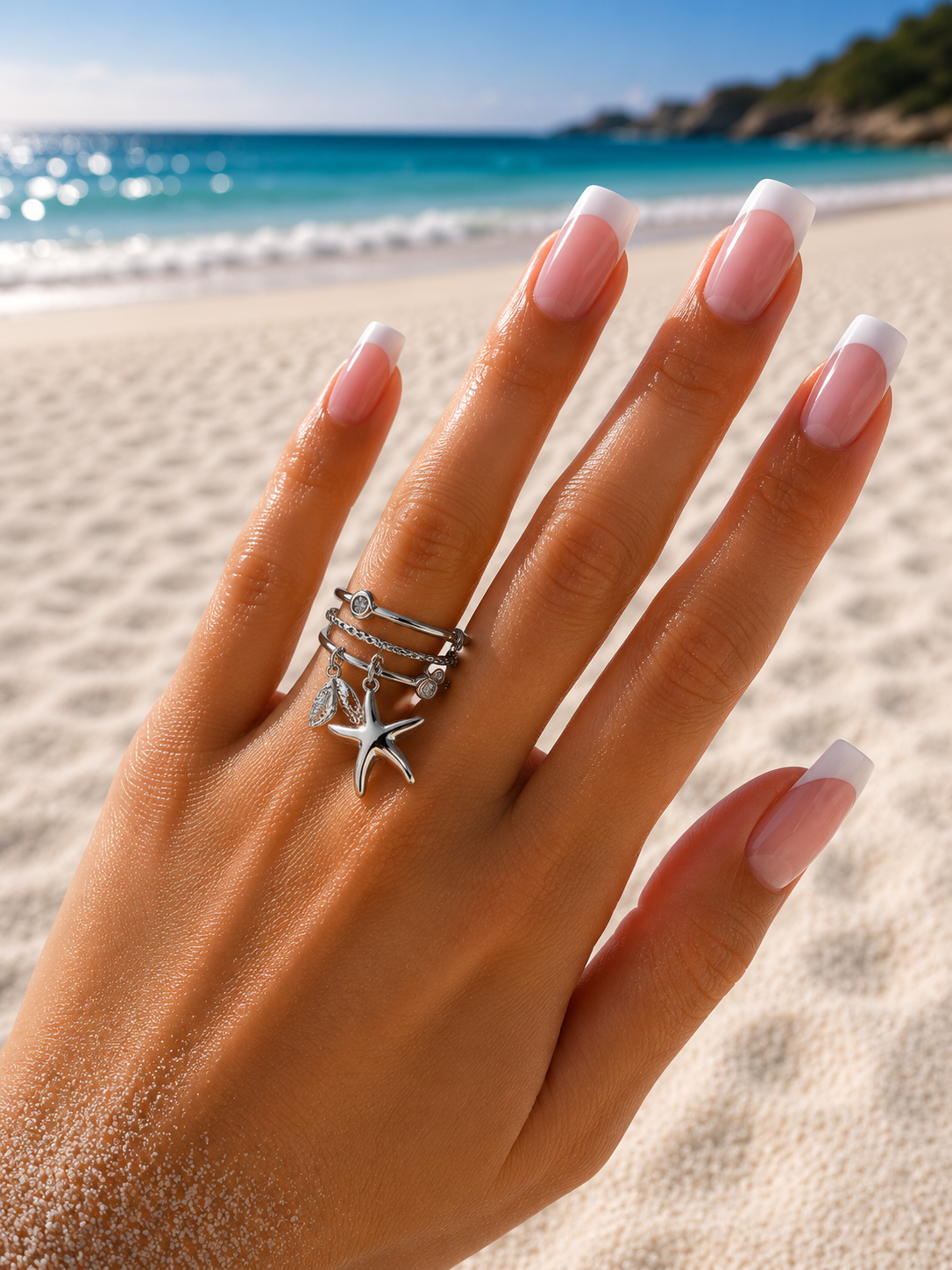 Bague ouverte triple anneau avec étoile marine et strass argenté