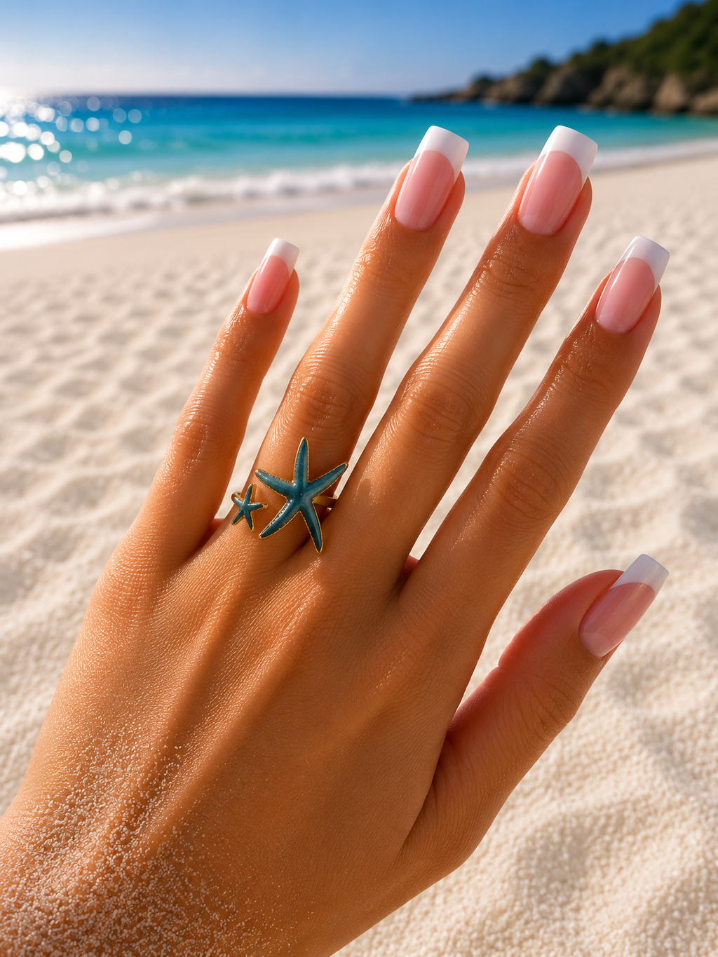 Bague Ouverte Réglable Étoile de Mer Bleue en Acier Inoxydable Doré