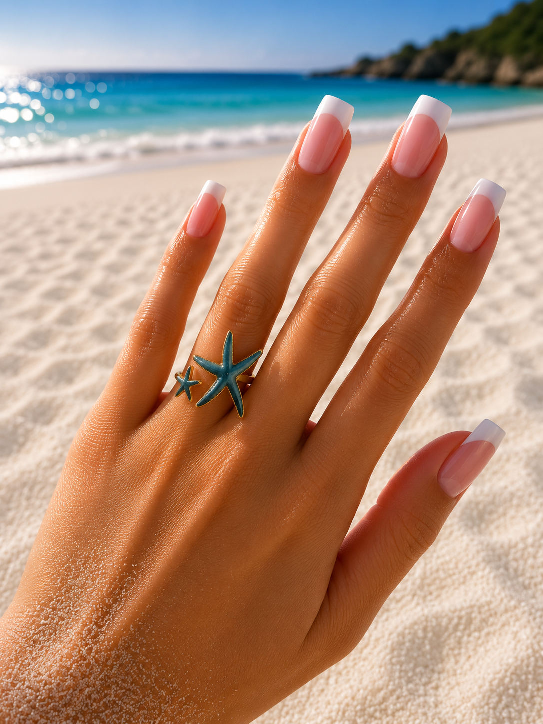 Bague Ouverte Réglable Étoile de Mer Bleue en Acier Inoxydable Doré