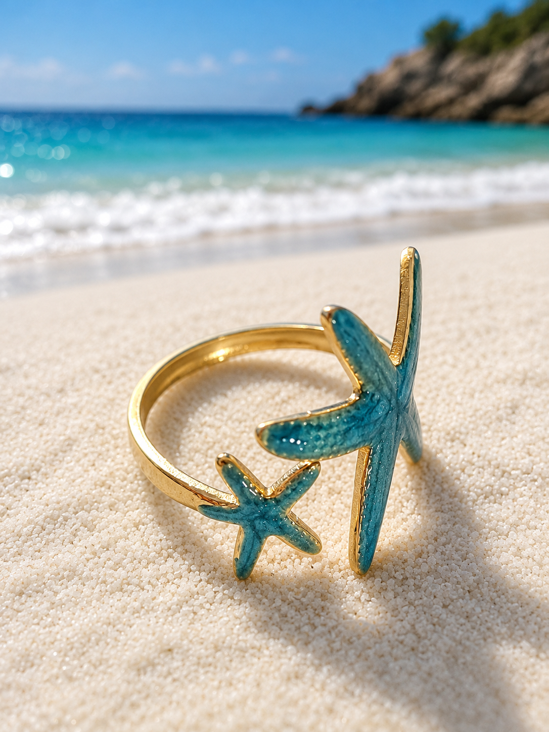 Bague Ouverte Réglable Étoile de Mer Bleue en Acier Inoxydable Doré