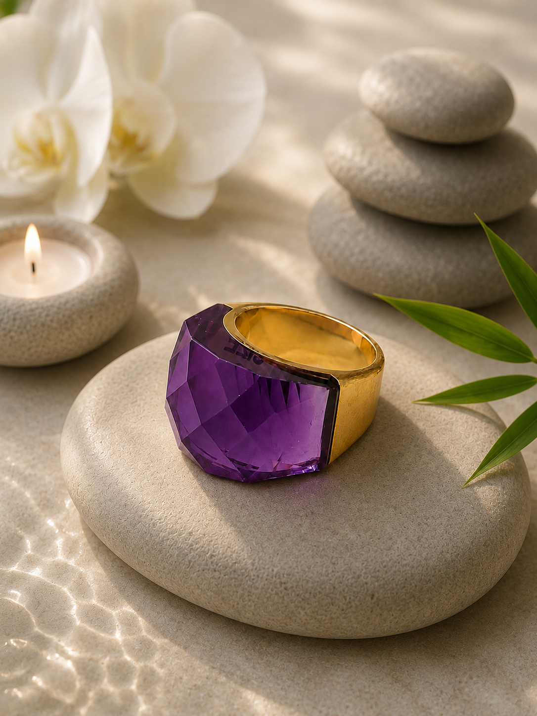 Bague en acier inoxydable dorée avec cristal violet – Taille 59 | Bagatelle