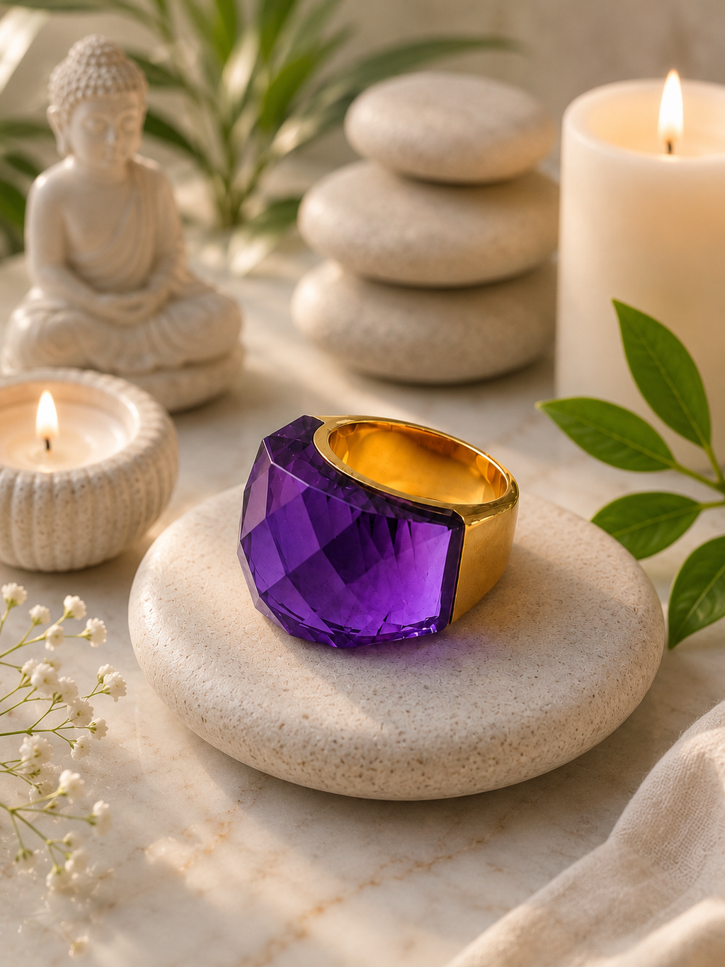 Bague en acier inoxydable dorée avec cristal violet – Taille 59 | Bagatelle