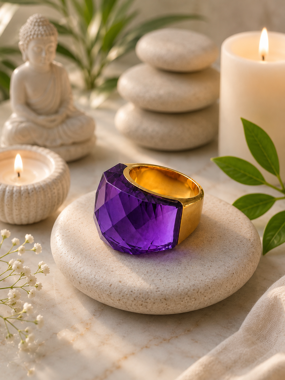 Bague en acier inoxydable dorée avec cristal violet – Taille 59 | Bagatelle