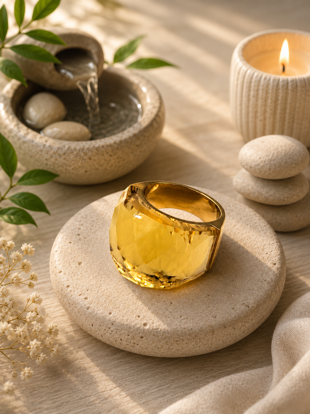Bague en acier inoxydable dorée avec cristal jaune – Taille 57 | Bagatelle
