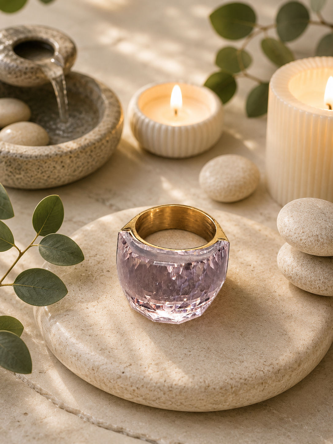 Bague en acier inoxydable dorée avec cristal rose – Taille 57 | Bagatelle