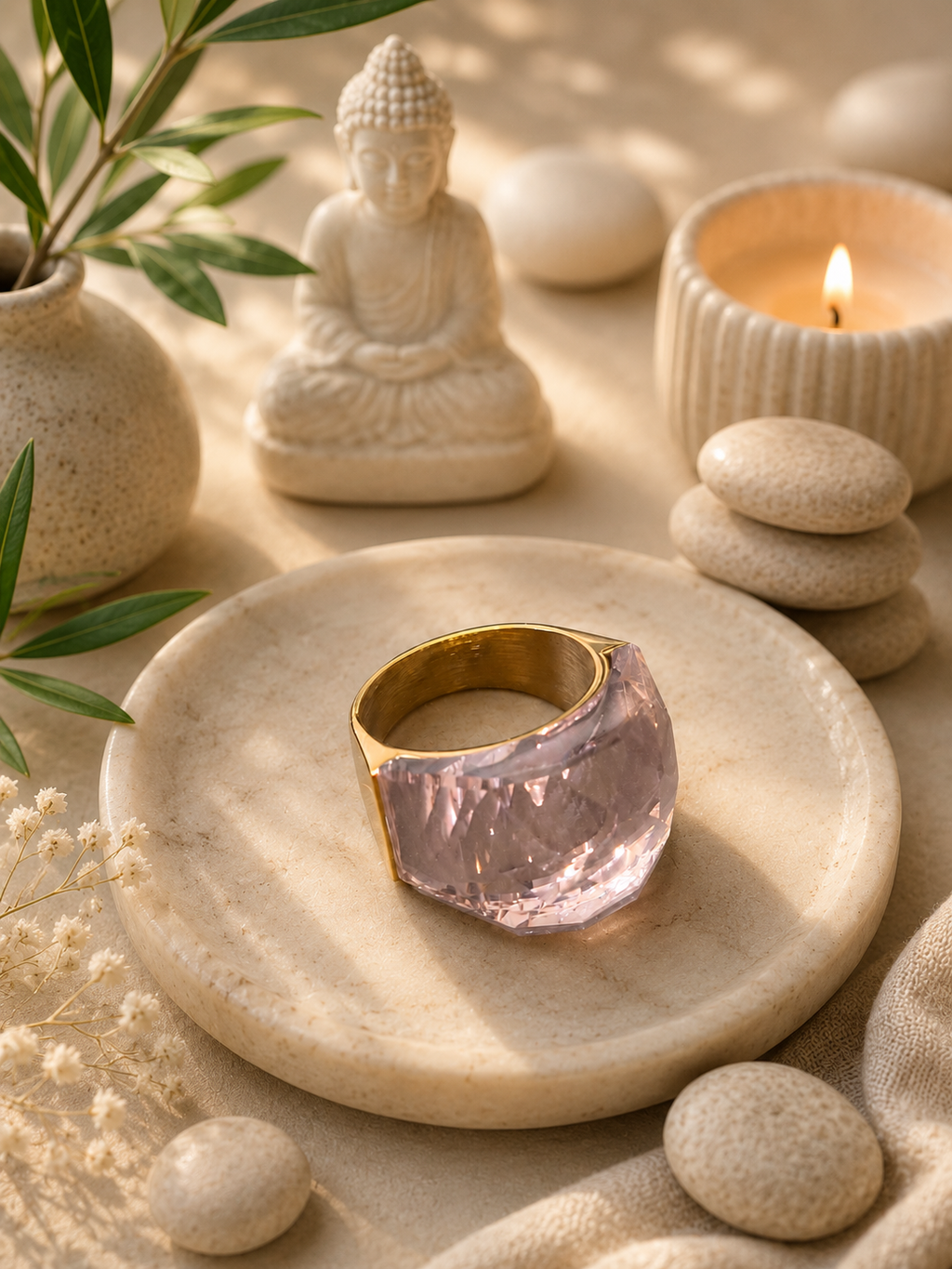 Bague en acier inoxydable dorée avec cristal rose – Taille 57 | Bagatelle
