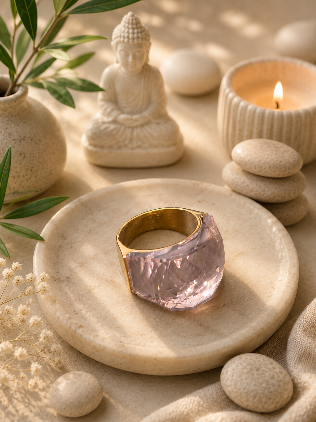 Bague en acier inoxydable dorée avec cristal rose – Taille 57 | Bagatelle