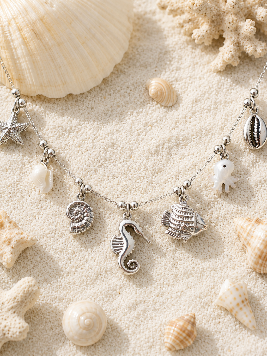 Collier pendentifs marins avec poulpe nacré argenté