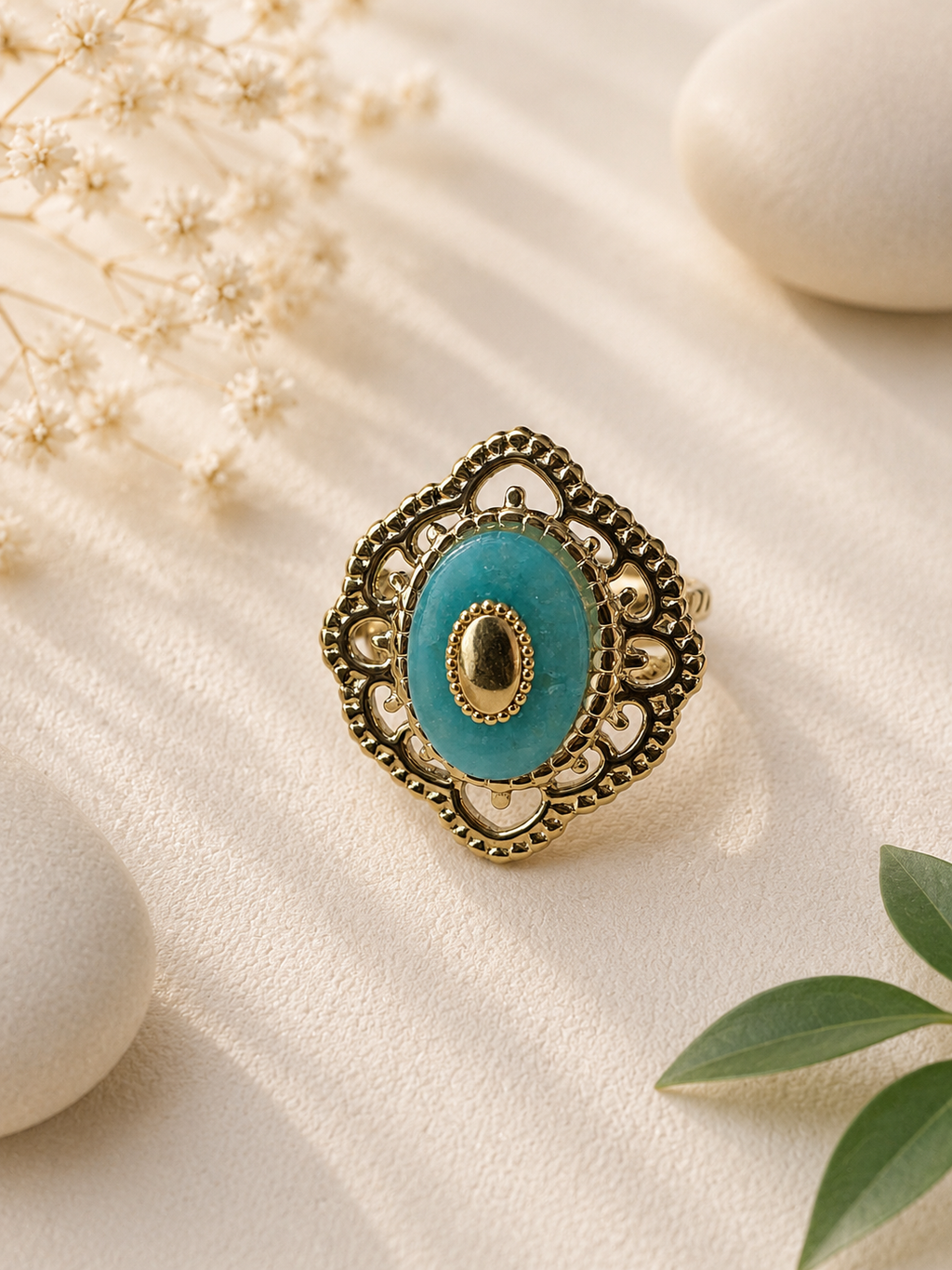 Bague Vintage Dorée Ajustable Pierre Turquoise – Acier Inoxydable Résistant à l'Eau