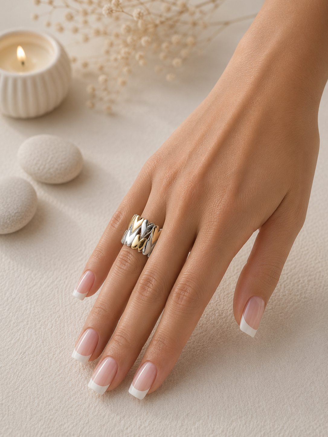Anello largo cuori sovrapposti dorato e argentato