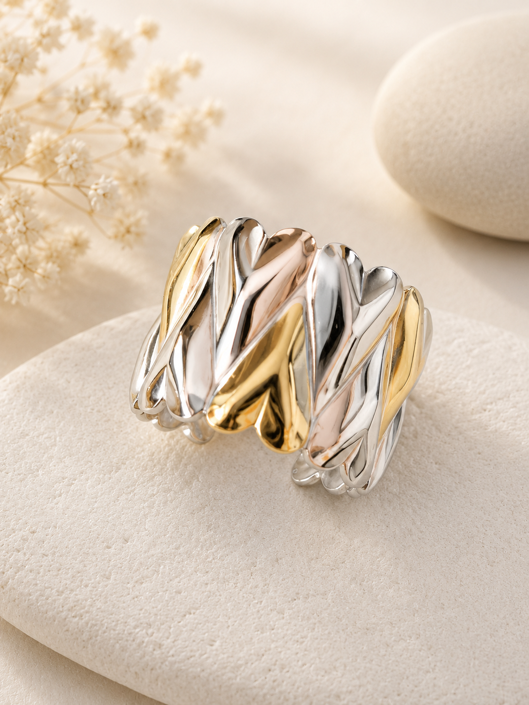 Anello largo cuori sovrapposti dorato e argentato