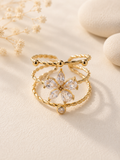 Bague ajustable à trois anneaux avec fleur strassée doré
