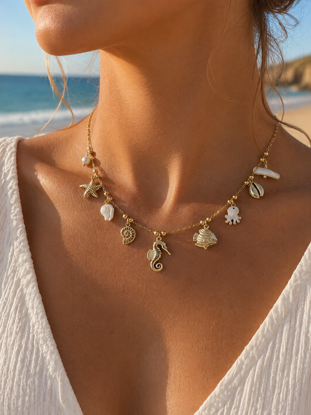 Collier Marin Poulpe Nacré Doré – Acier Inoxydable & Pendentifs Coquillages