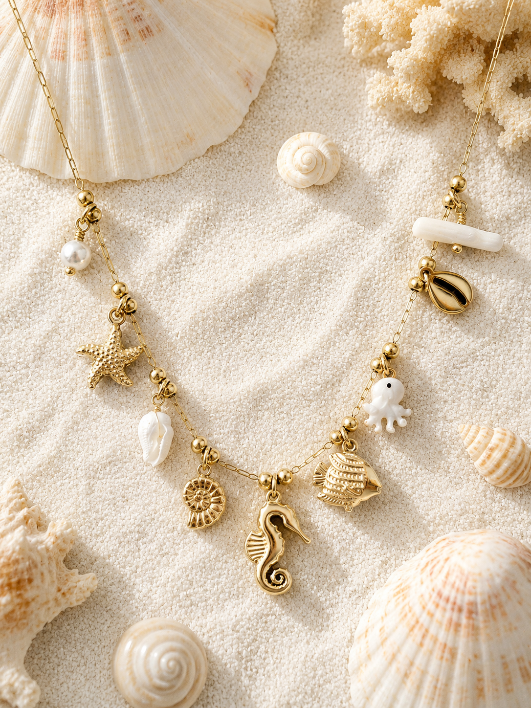 Collier Marin Poulpe Nacré Doré – Acier Inoxydable & Pendentifs Coquillages