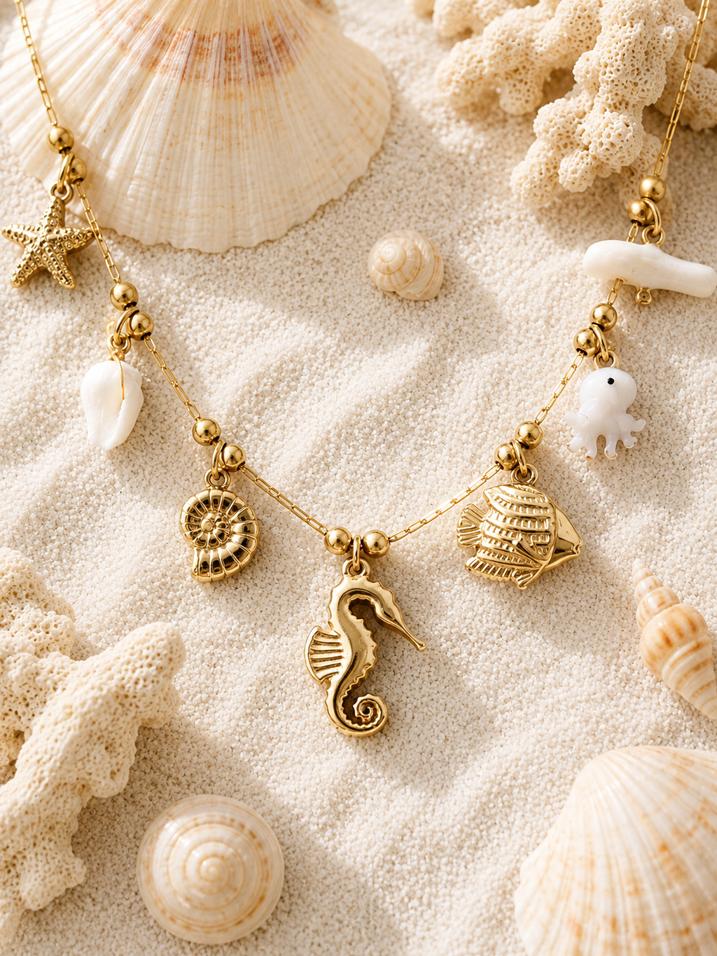 Collier Marin Poulpe Nacré Doré – Acier Inoxydable & Pendentifs Coquillages