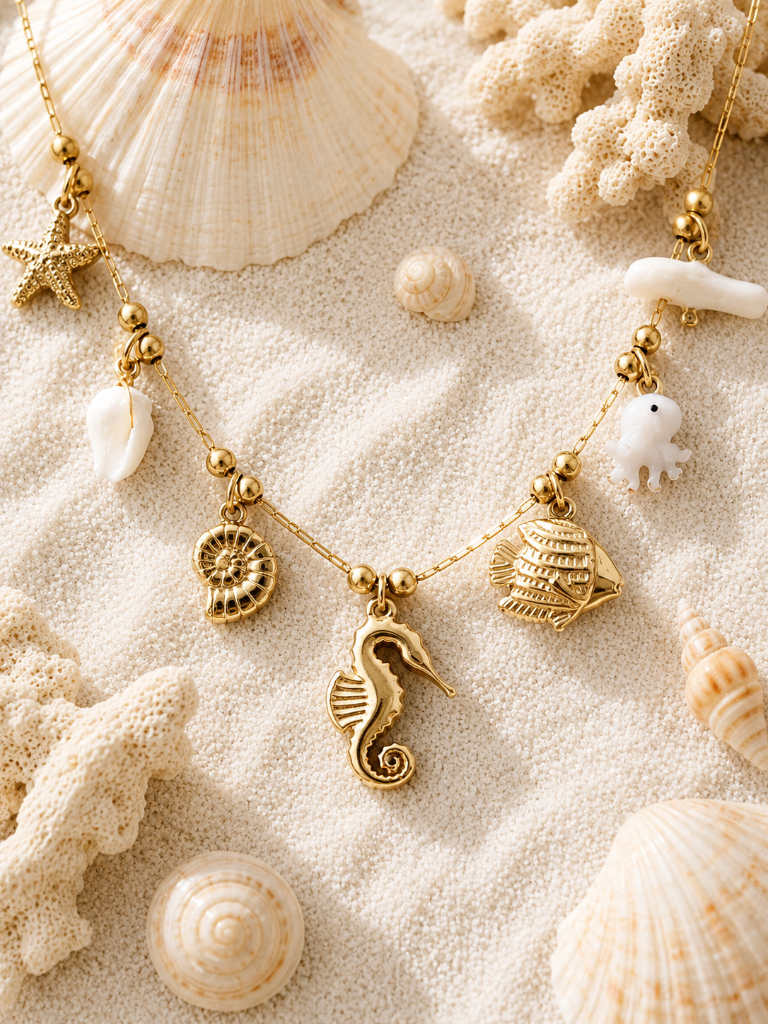 Collier Marin Poulpe Nacré Doré – Acier Inoxydable & Pendentifs Coquillages